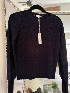 Rebecca Taylor NWT Frame Diamond Eyelet Knit Sweater - Navy